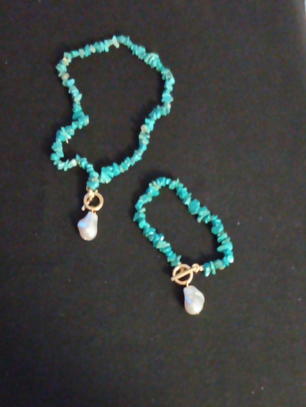 Turquoise Chip Necklace and Bracelet Set with Pearl Charm